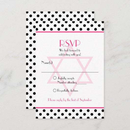 Pink Schwarz-weiß Polka Dot Bat Mitzvah Replik Car RSVP Karte (Vorne/Hinten)