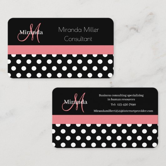 Pink Schwarz-weiß Polka Dot Monogram Business Card Visitenkarte (Vorne/Hinten)