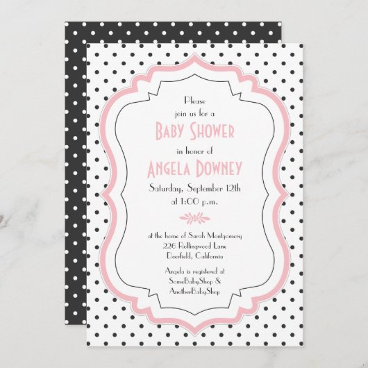 Pink Schwarz-weiß Polka Dots Kinderdusche Einladun Einladung (Vorne/Hinten)