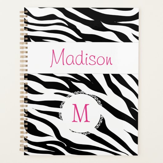 Pink Schwarz-weiß Zebra Animal Trendy Monogram Planer (Vorderseite)