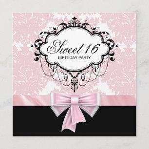 Pink Schwarze Damast Sweet 16 Geburtstagsfeier Einladung