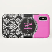 Pink-schwarzer Damast-Monogramm-Name Case-Mate iPhone Hülle (Rückseite (Horizontal))