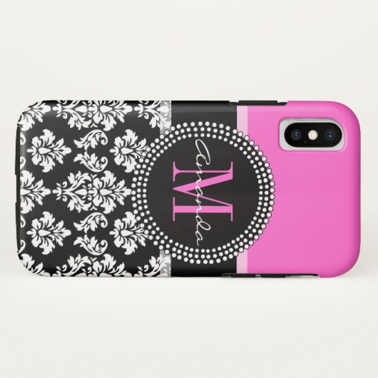 Pink-schwarzer Damast-Monogramm-Name Case-Mate iPhone Hülle (Rückseite (Horizontal))