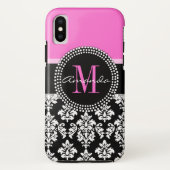 Pink-schwarzer Damast-Monogramm-Name Case-Mate iPhone Hülle (Rückseite)