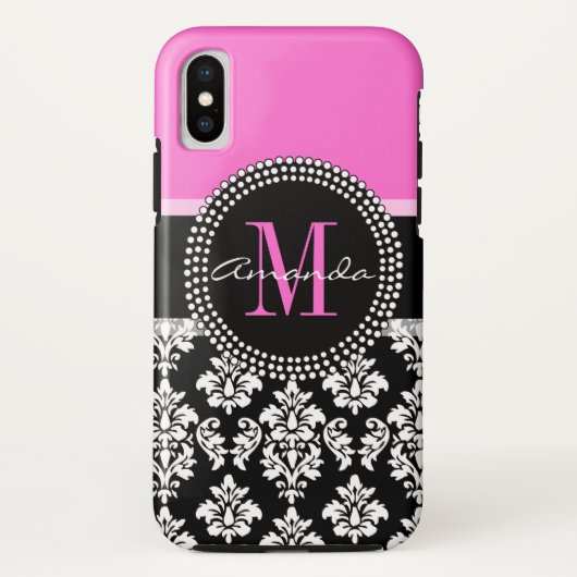 Pink-schwarzer Damast-Monogramm-Name Case-Mate iPhone Hülle (Rückseite)