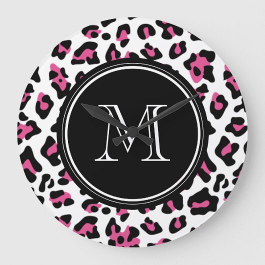 Pink-schwarzer Leopard-Tierdruck mit Monogramm Große Wanduhr (Vorderseite)
