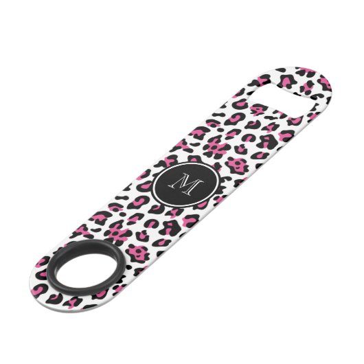 Pink-schwarzer Leopard-Tierdruck mit Monogramm Speed Flaschenöffner (Rückseite Schrägansicht)