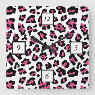 Pink-schwarzer Leopard-Tierdruck-Muster Quadratische Wanduhr