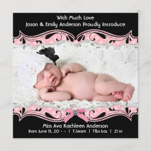Pink Schwarzes Foto Baby Mädchen Geburtsankündigun Ankündigung