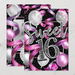 Pink Schwarzes Silber Glitter Sweet 16 Geburtstags Einladung