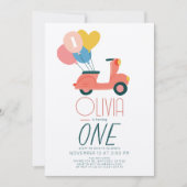 Pink Scooter Balloons Girl 1. Geburtstag Einladung (Vorderseite)