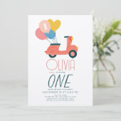 Pink Scooter Balloons Girl 1. Geburtstag Einladung (Stehend Vorderseite)