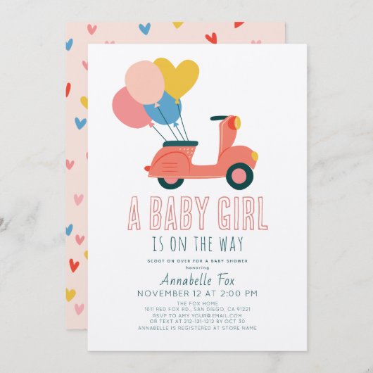 Pink Scooter Balloons Girl Baby Dusche Einladung (Vorne/Hinten)