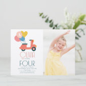 Pink Scooter Balloons Girl Birthday Foto Einladung (Stehend Vorderseite)