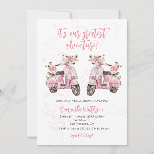 Pink Scooter Bestes Adventure Brautparty Einladung (Vorderseite)