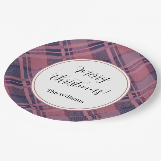 Pink Scottish Lady Tartan Pattern Merry Christmas Pappteller (Schrägansicht)