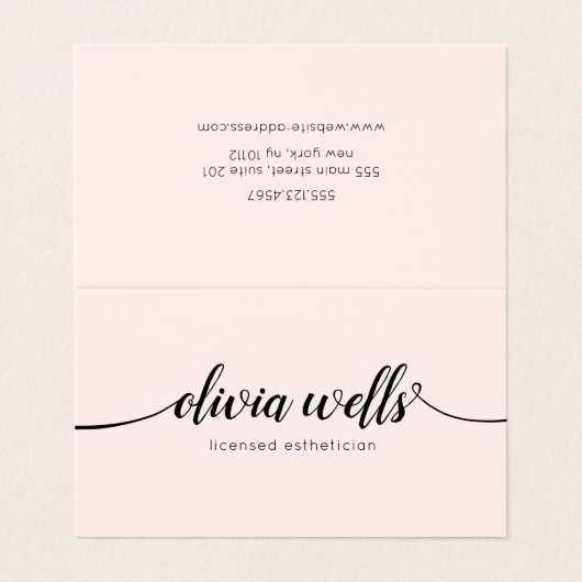 Pink Script Calligraphy Aftercare Instruktion Visitenkarten (Außenseite Aufgefaltet)