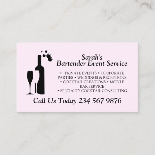 Pink Script Cocktail Bartender Service Visitenkarte (Vorderseite)