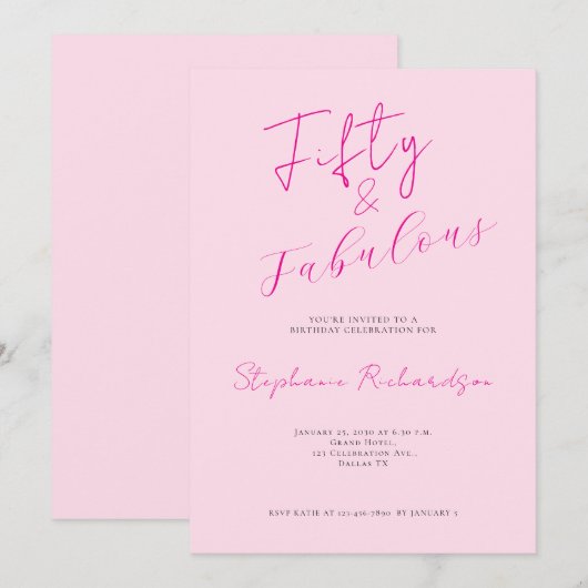 Pink Script Fifty and Fabulous 50th Birthday Party Einladung (Vorne/Hinten)