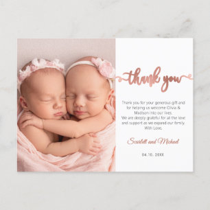 Pink Script Girl Twins Baby Foto Vielen Dank Postkarte