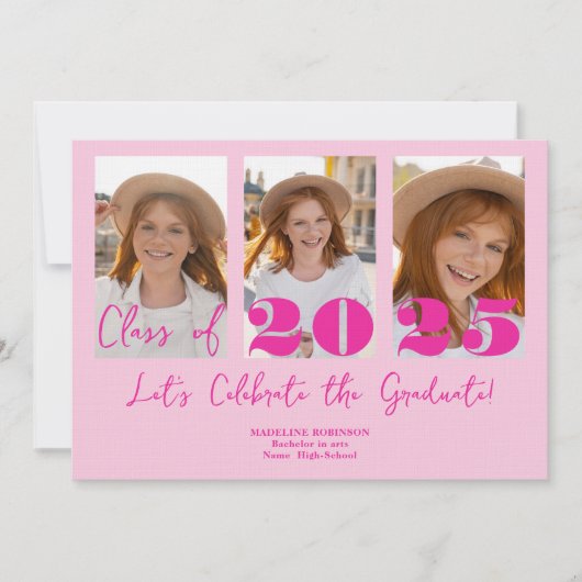 Pink Script Graduation Party 5 Foto Class Einladung (Vorderseite)