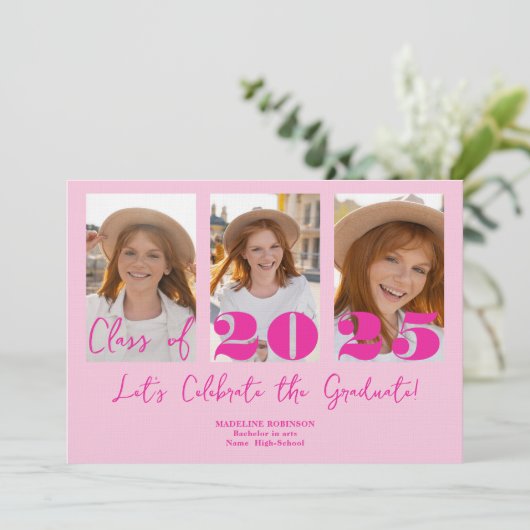 Pink Script Graduation Party 5 Foto Class Einladung (Stehend Vorderseite)