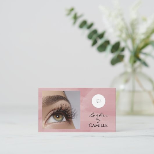 Pink Script Logo QR-Code Foto Wimpern  Visitenkarte (Stehend Vorderseite)