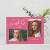 Pink Script QR Code 3 Foto Graduation Party Einladung (Stehend Vorderseite)