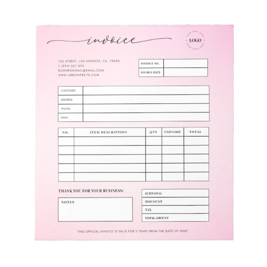 Pink-Script-Rechnungsstellung für kleine Unternehm Notizblock (Vorderseite)