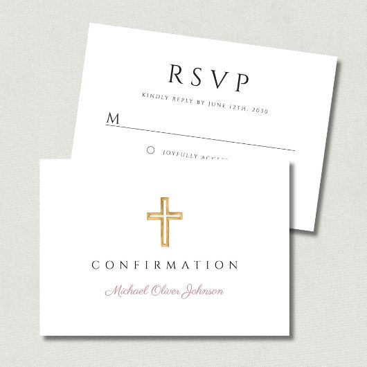 Pink Script Religious Cross Girl Confirmation RSVP Karte