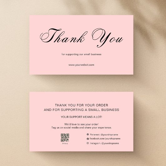 Pink Script Thank You Card QR Code Small Business Visitenkarte