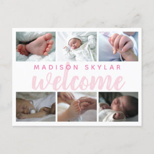 Pink Script Typografie Willkommen 6 Foto Collage Ankündigungspostkarte