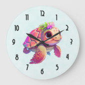 Pink Sea Turtle Whimsical & Niedlich Große Wanduhr (Vorderseite)