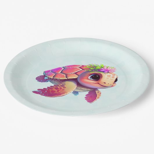 Pink Sea Turtle Whimsical & Niedlich Pappteller (Schrägansicht)