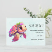 Pink Sea Turtle Whimsical & Niedlich Save The Date (Stehend Vorderseite)