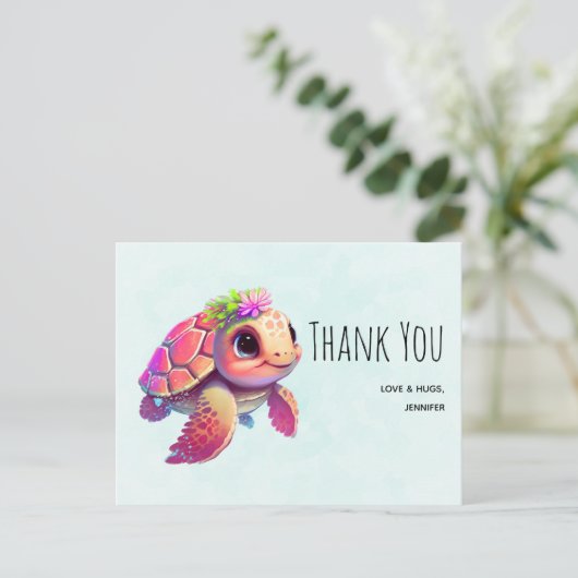 Pink Sea Turtle Whimsical & Niedlich Vielen Dank Postkarte (Stehend Vorderseite)