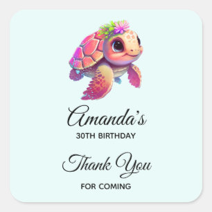 Pink Sea Turtle Whimsical & Niedliche Geburtstag Quadratischer Aufkleber
