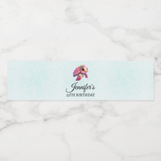 Pink Sea Turtle Whimsisches und Niedliches Party Wasserflaschenetikett (Einzelnes Label)