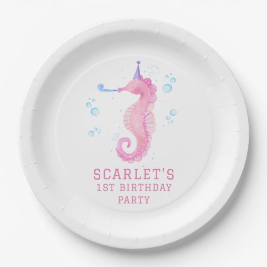 Pink Seahorse 1st birthday Pappteller (Vorderseite)