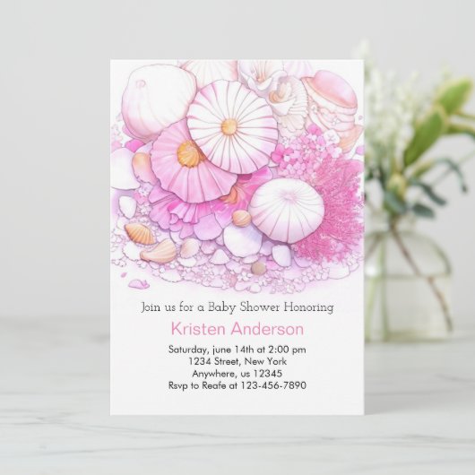 Pink Seashell Adventure Shore Girl Babydusche Einladung (Stehend Vorderseite)