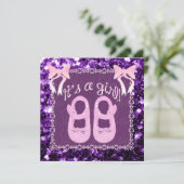 Pink seine Lila Glitzern Babydusche einladen Einladung (Stehend Vorderseite)