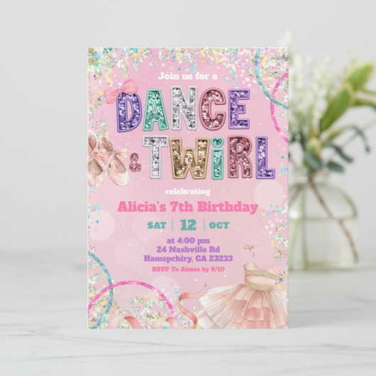Pink Sequin ballet dance and twirl birthday Einladung (Stehend Vorderseite)