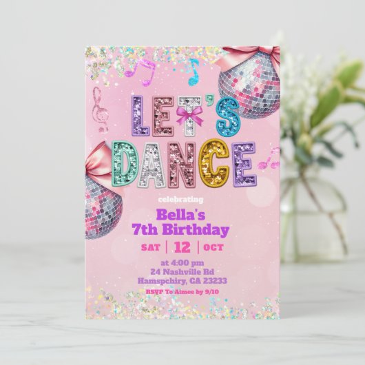 Pink Sequin Glitter Let's Dance Birthday Einladung (Stehend Vorderseite)