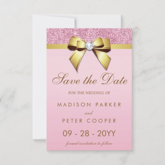 Pink Sequins Gold Bow Save the Date Hochzeit (Vorderseite)