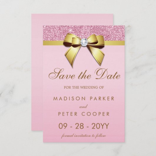 Pink Sequins Gold Bow Save the Date Hochzeit (Vorne/Hinten)