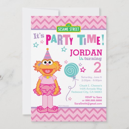 Pink Sesame Street Zoe Birthday Einladung (Vorderseite)