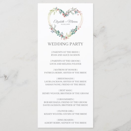 Pink Shades Heart on Wildflowers for Wedding Programm (Rückseite)