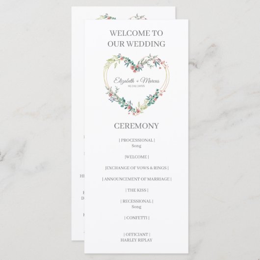 Pink Shades Heart on Wildflowers for Wedding Programm (Vorne/Hinten)