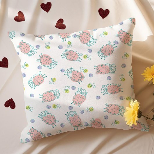 Pink Sheep with Flowers & Berries - Cute Pattern Kissen