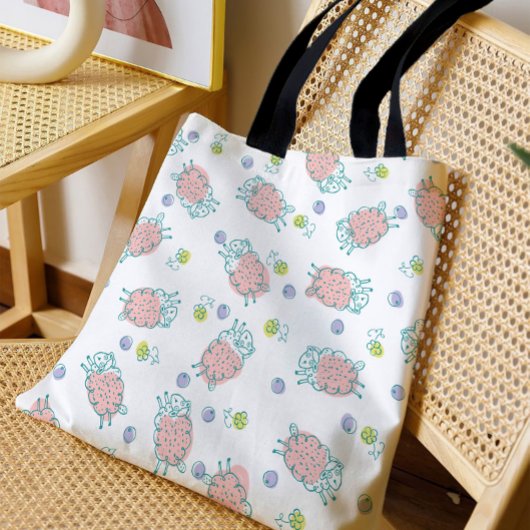 Pink Sheep with Flowers & Berries - Cute Pattern Tasche
